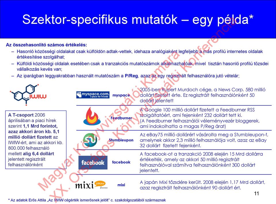 használt mutatószám a P/Reg, azaz az egy regisztrált felhasználóra jutó vételár; A T-csoport 2006 áprilisában a piaci hírek szerint 1,1 Mrd forintot, azaz akkori áron kb.