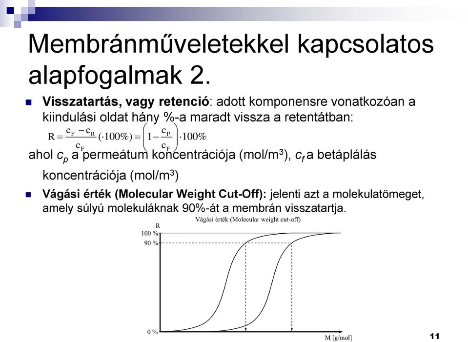 retentátban: c R F c c c ( 100%) 1 P 100% cf ahol c p a permeátum koncentrációja (mol/m 3 ), c f a