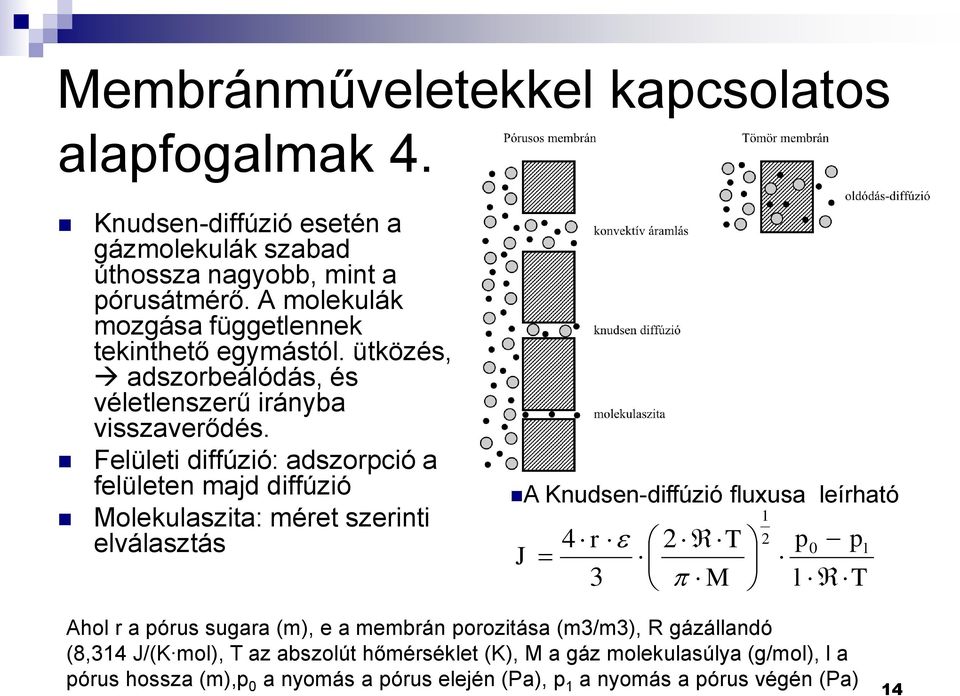 Felületi diffúzió: adszorpció a felületen majd diffúzió Molekulaszita: méret szerinti elválasztás A Knudsen-diffúzió fluxusa leírható J 4 r e 2 T 3 M 1 2 p0 pl l T