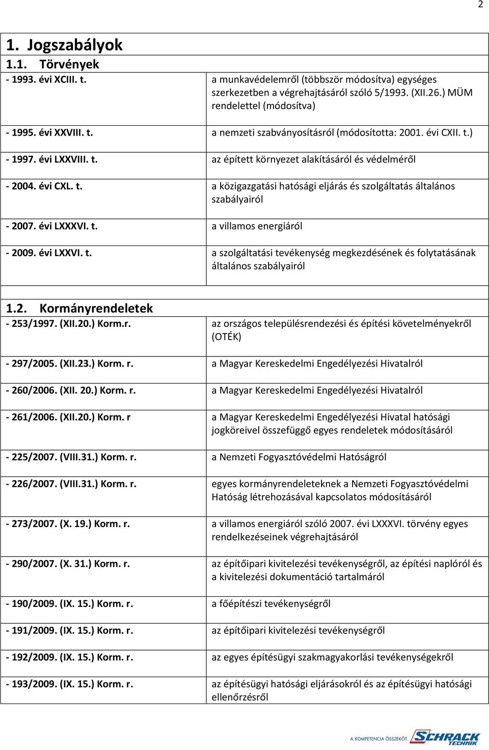 évi LXXXVI. t. a villamos energiáról - 2009. évi LXXVI. t. a szolgáltatási tevékenység megkezdésének és folytatásának általános szabályairól 1.2. Kormányrendeletek - 253/1997. (XII.20.) Korm.r. az országos településrendezési és építési követelményekről (OTÉK) - 297/2005.