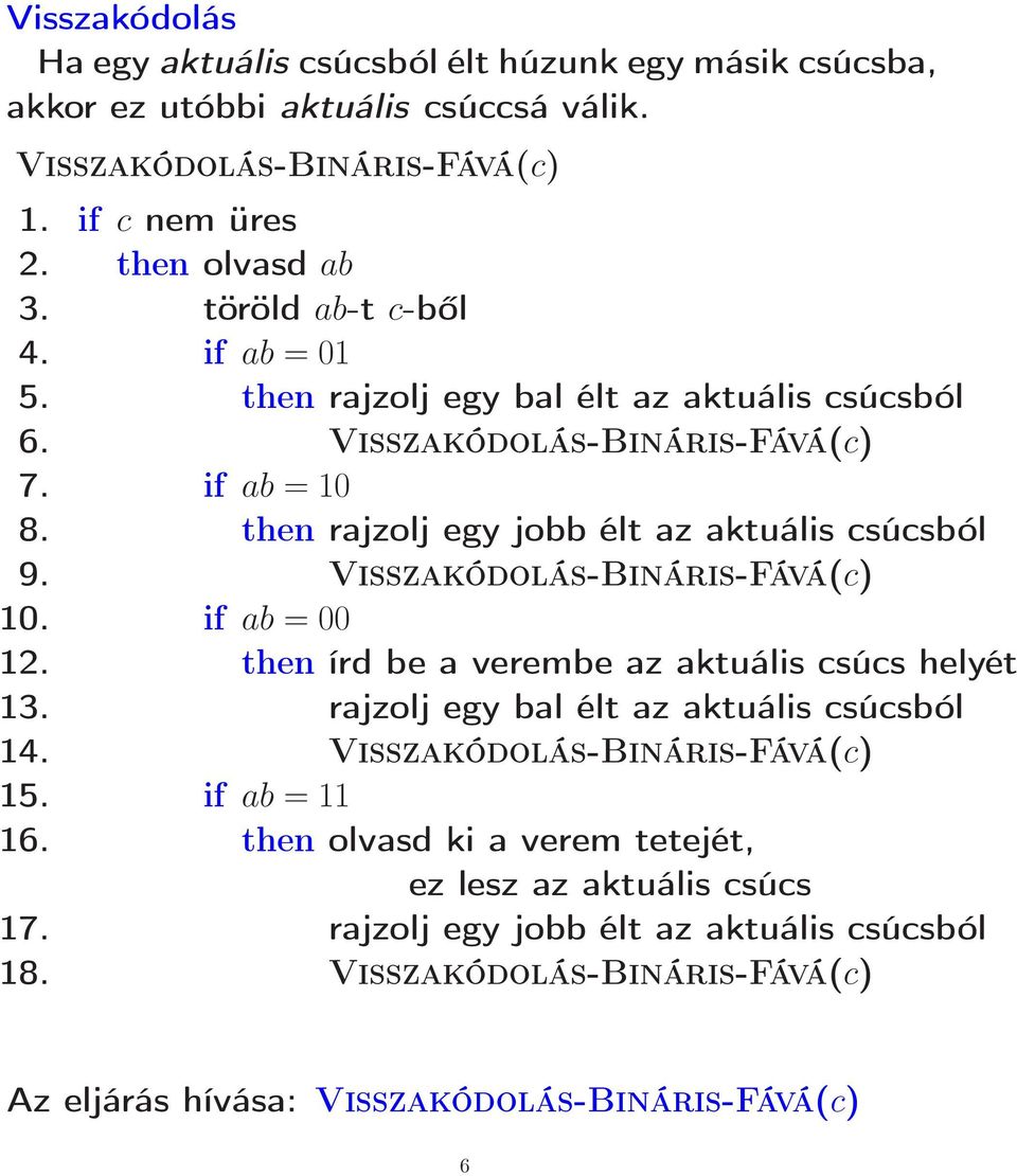 Visszakódolás-Bináris-Fává(c) 10. if ab = 00 12. then írd be a verembe az aktuális csúcs helyét 13. rajzolj egy bal élt az aktuális csúcsból 14. Visszakódolás-Bináris-Fává(c) 15.