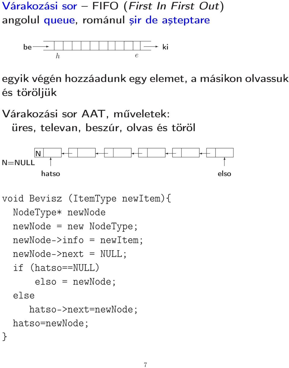 olvas és töröl N N=NULL hatso elso void Bevisz (ItemType newitem){ NodeType* newnode newnode = new NodeType;