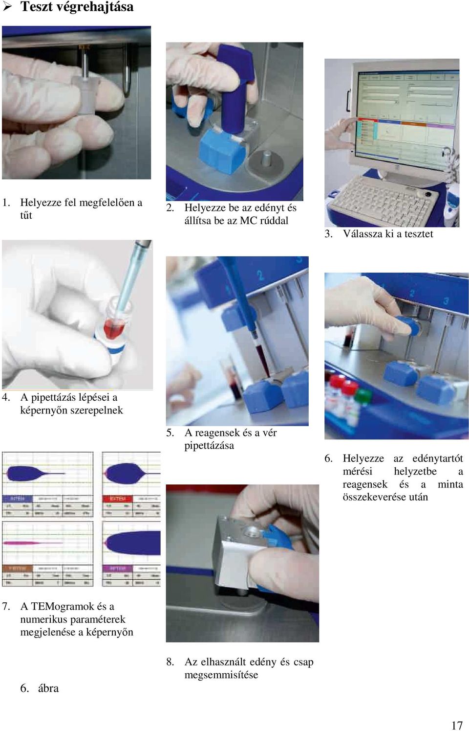 A pipettázás lépései a képernyőn szerepelnek 5. A reagensek és a vér pipettázása 6.