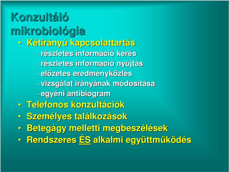 irányának módosítása egyéni antibiogram Telefonos konzultációk Személyes