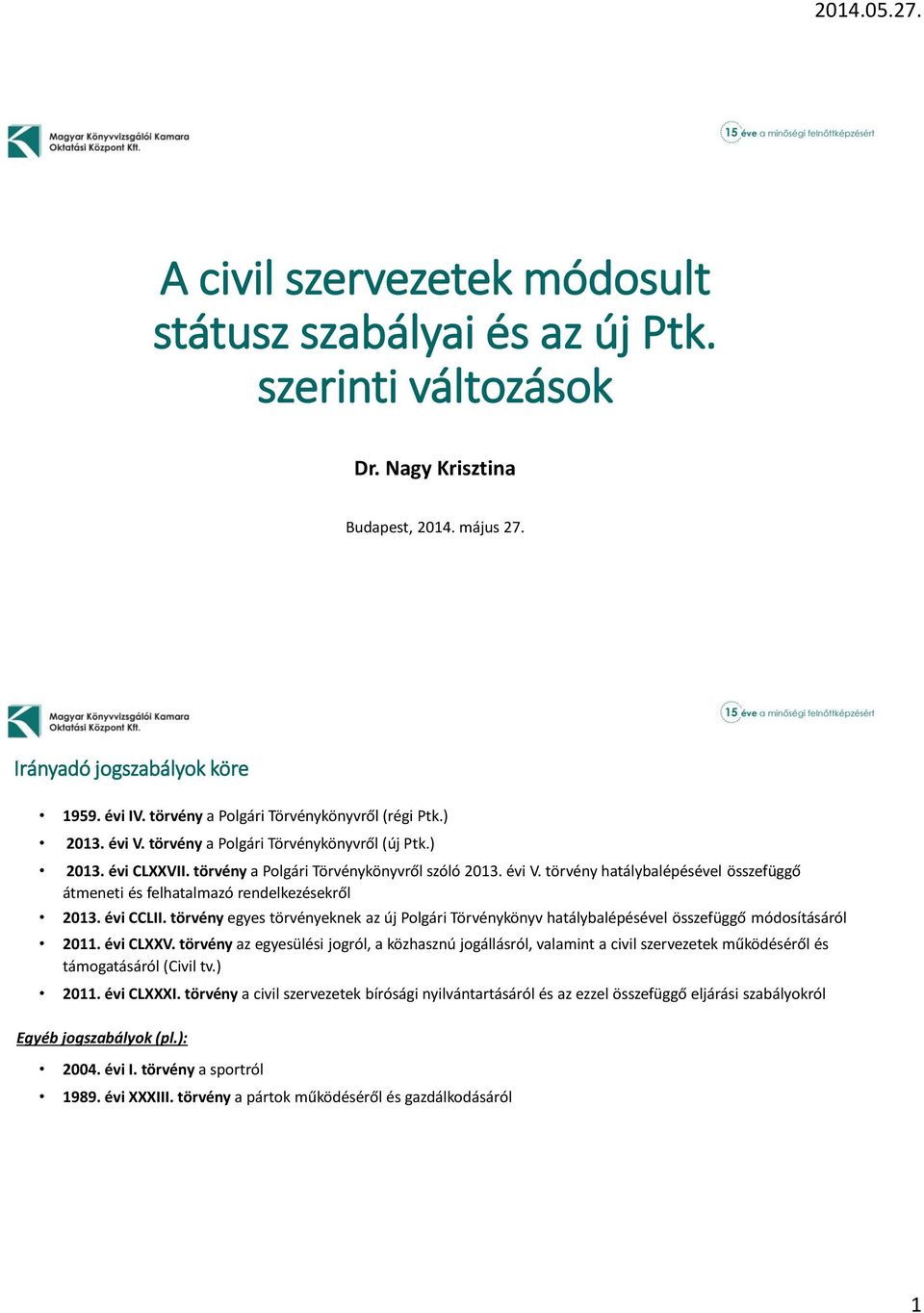 évi CCLII. törvény egyes törvényeknek az új Polgári Törvénykönyv hatálybalépésével összefüggő módosításáról 2011. évi CLXXV.