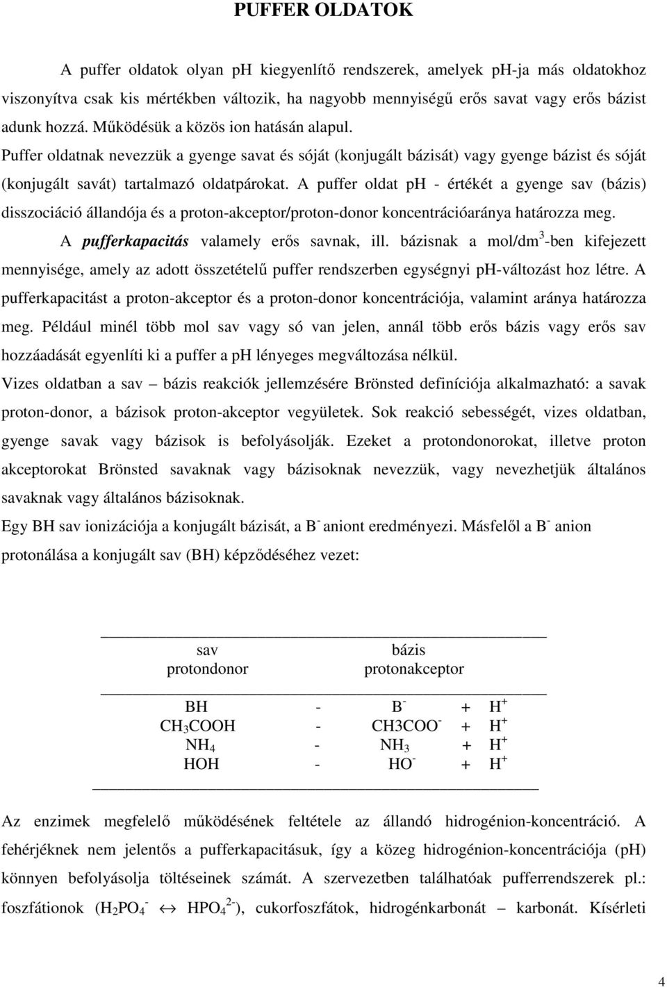 A puffer oldat ph - értékét a gyenge sav (bázis) disszociáció állandója és a proton-akceptor/proton-donor koncentrációaránya határozza meg. A pufferkapacitás valamely erős savnak, ill.