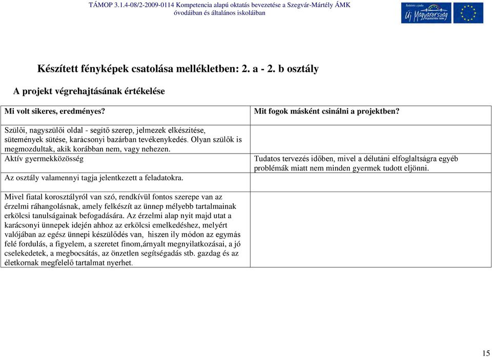 Aktív gyermekközösség Az osztály valamennyi tagja jelentkezett a feladatokra. Mit fogok másként csinálni a projektben?