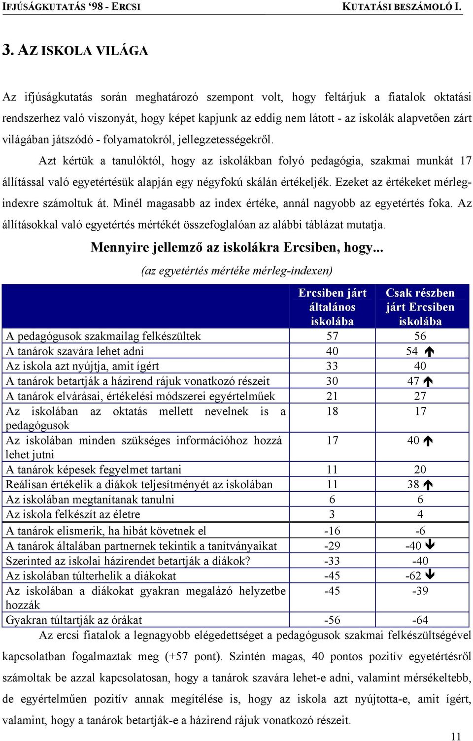 Azt kértük a tanulóktól, hogy az iskolákban folyó pedagógia, szakmai munkát 17 állítással való egyetértésük alapján egy négyfokú skálán értékeljék. Ezeket az értékeket mérlegindexre számoltuk át.