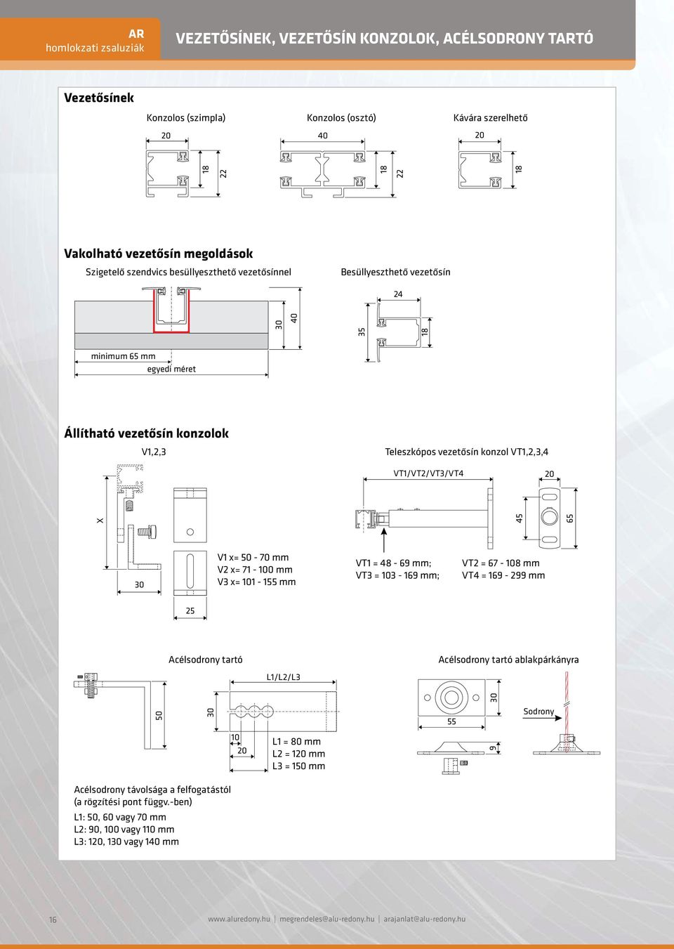 30 V1 x= 50-70 mm V2 x= 71-100 mm V3 x= 101-155 mm VT1 = 48-69 mm; VT3 = 103-169 mm; VT2 = 67-108 mm VT4 = 169-299 mm 25 Acélsodrony tartó L1/L2/L3 Acélsodrony tartó ablakpárkányra 50 30 30 55