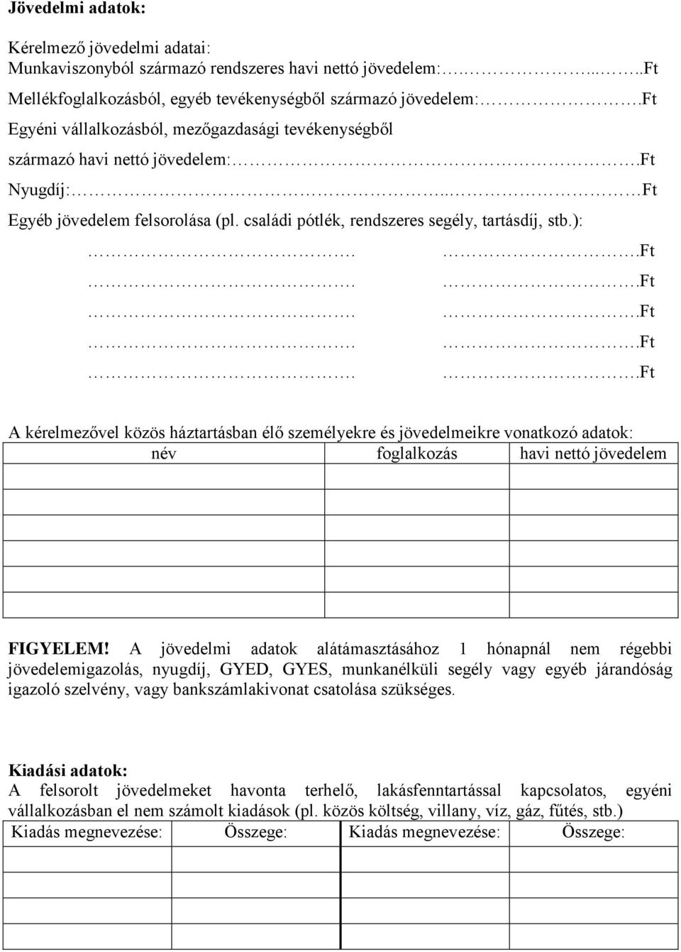 ): A kérelmezővel közös háztartásban élő személyekre és jövedelmeikre vonatkozó adatok: név foglalkozás havi nettó jövedelem FIGYELEM!