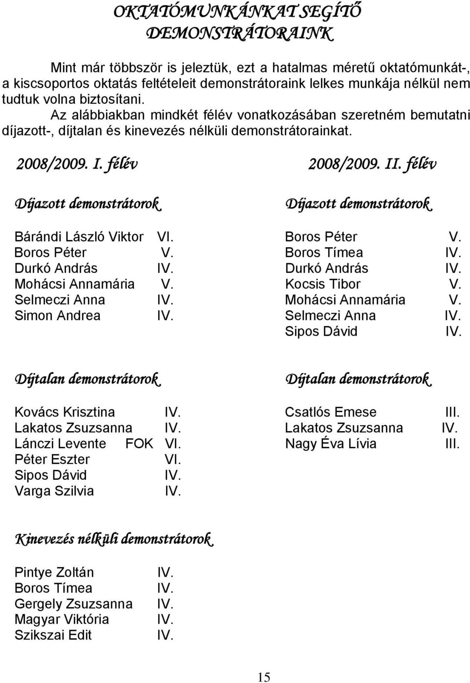 félév Díjazott demonstrátorok Díjazott demonstrátorok Bárándi László Viktor VI. Boros Péter V. Boros Péter V. Boros Tímea IV. Durkó András IV. Durkó András IV. Mohácsi Annamária V. Kocsis Tibor V.