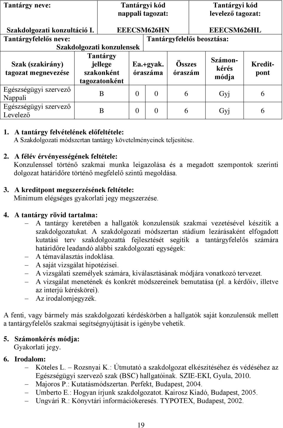 Összes Kredittagozat megnevezése szakonként óraszáma óraszám pont módja tagozatonként Nappali B 0 0 6 Gyj 6 Levelező B 0 0 6 Gyj 6 1.