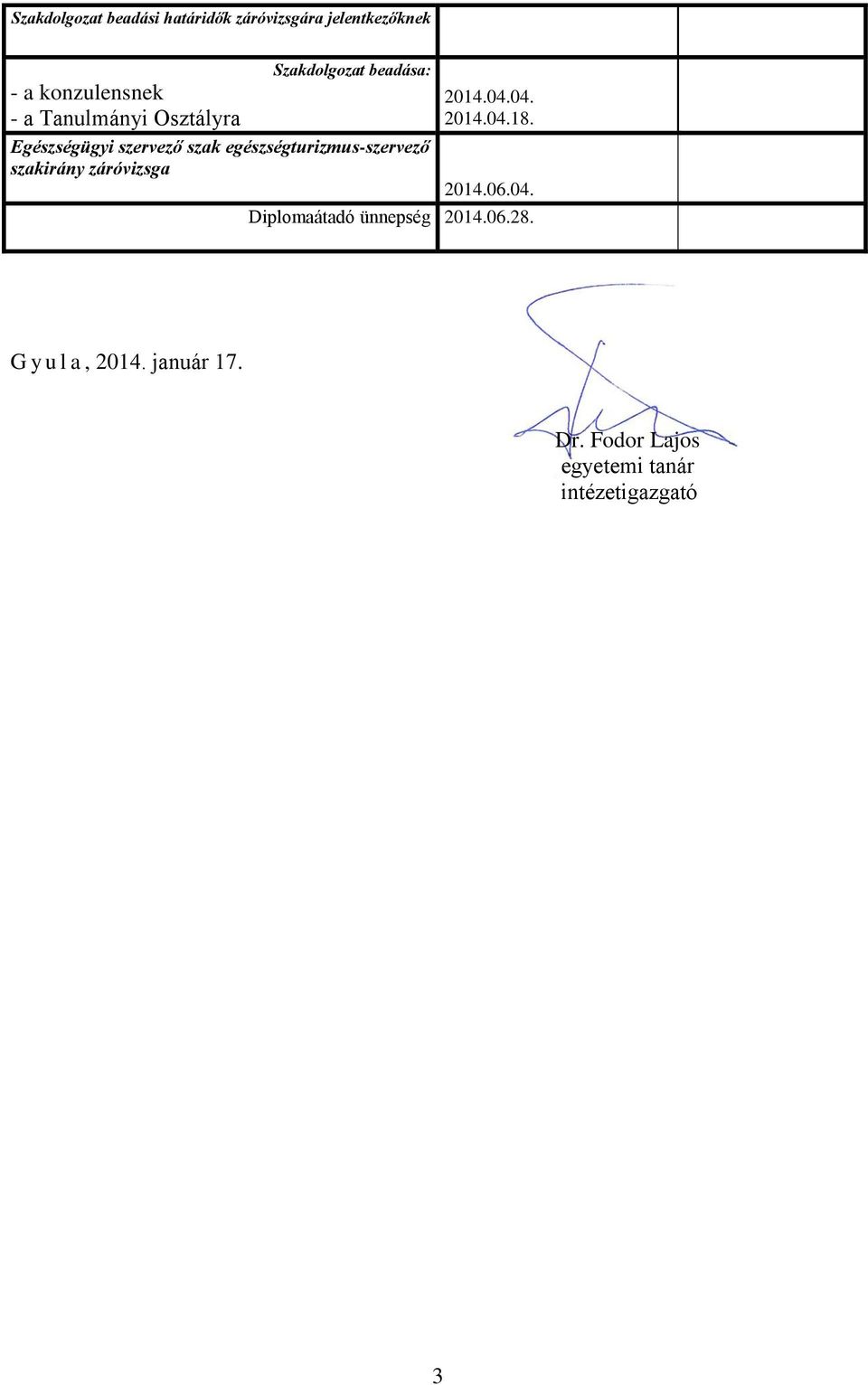 szakirány záróvizsga 2014.04.04. 2014.04.18. 2014.06.04. Diplomaátadó ünnepség 2014.