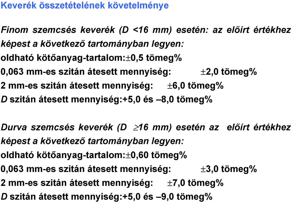 mennyiség:+5,0 és 8,0 tömeg% Durva szemcsés keverék (D 16 mm) esetén az előírt értékhez képest a következő tartományban legyen: oldható