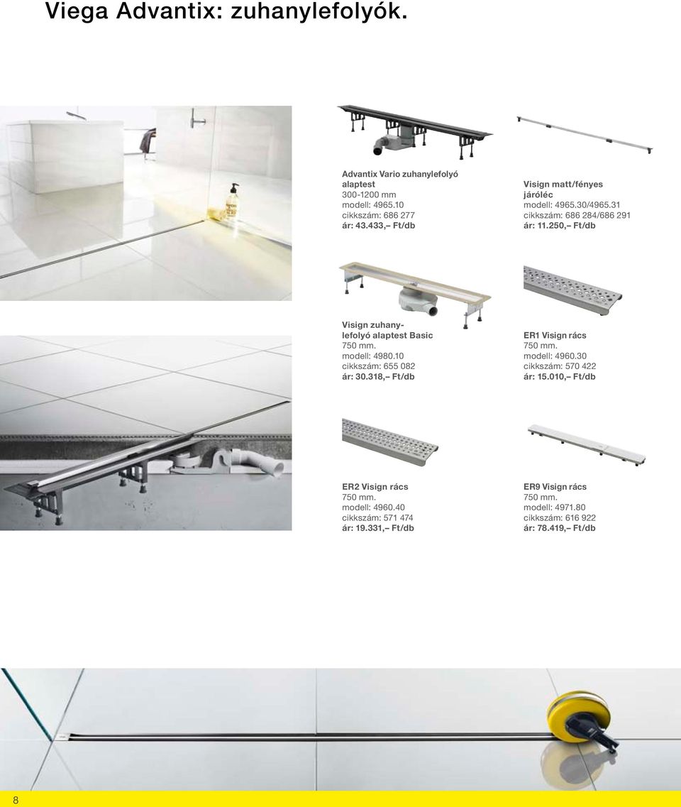 250, Ft/db Visign zuhanylefolyó alaptest Basic 750 mm. modell: 4980.10 cikkszám: 655 082 ár: 30.318, Ft/db ER1 Visign rács 750 mm.