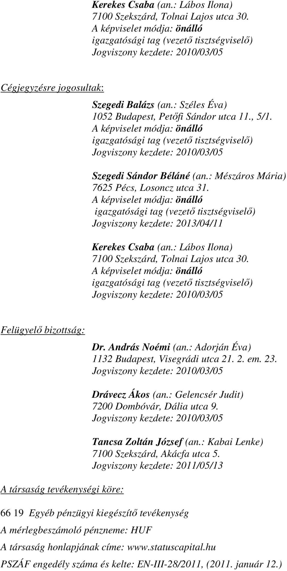 A képviselet módja: önálló igazgatósági tag (vezetı tisztségviselı) Jogviszony kezdete: 2010/03/05 Szegedi Sándor Béláné (an.: Mészáros Mária) 7625 Pécs, Losoncz utca 31.