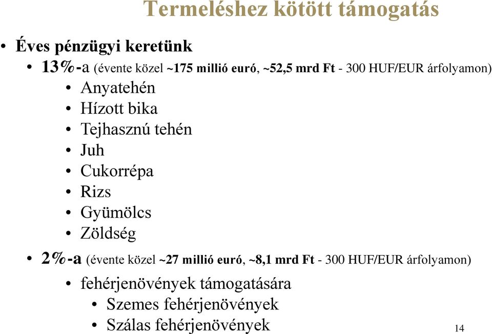 Cukorrépa Rizs Gyümölcs Zöldség 2%-a (évente közel ~27 millió euró, ~8,1 mrd Ft - 300