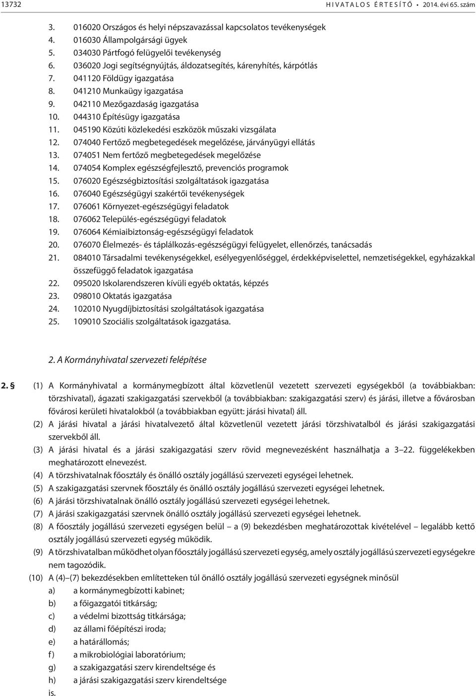 042110 Mezőgazdaság igazgatása 10. 044310 Építésügy igazgatása 11. 045190 Közúti közlekedési eszközök műszaki vizsgálata 12. 074040 Fertőző megbetegedések megelőzése, járványügyi ellátás 13.