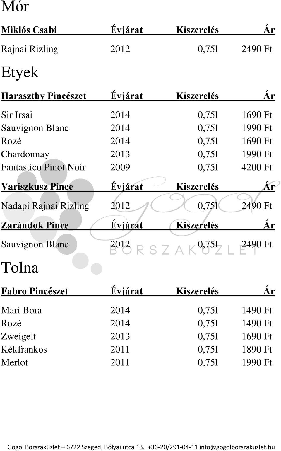 Évjárat Kiszerelés Ár Nadapi Rajnai Rizling 2012 0,75l 2490 Ft Zarándok Pince Évjárat Kiszerelés Ár Sauvignon Blanc 2012 0,75l 2490 Ft Tolna Fabro