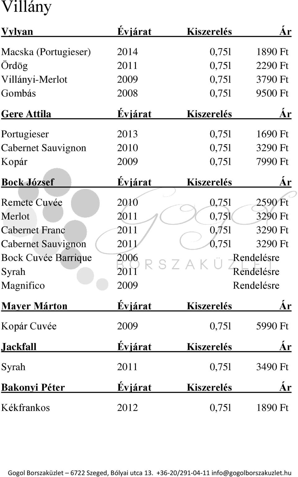 Merlot 2011 0,75l 3290 Ft Cabernet Franc 2011 0,75l 3290 Ft Cabernet Sauvignon 2011 0,75l 3290 Ft Bock Cuvée Barrique 2006 Rendelésre Syrah 2011 Rendelésre Magnifico 2009 Rendelésre