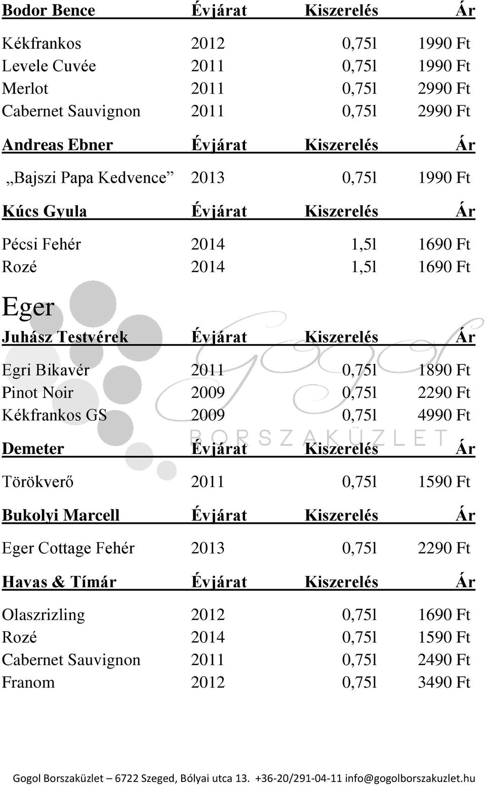 Egri Bikavér 2011 0,75l 1890 Ft Pinot Noir 2009 0,75l 2290 Ft Kékfrankos GS 2009 0,75l 4990 Ft Demeter Évjárat Kiszerelés Ár Törökverő 2011 0,75l 1590 Ft Bukolyi Marcell Évjárat