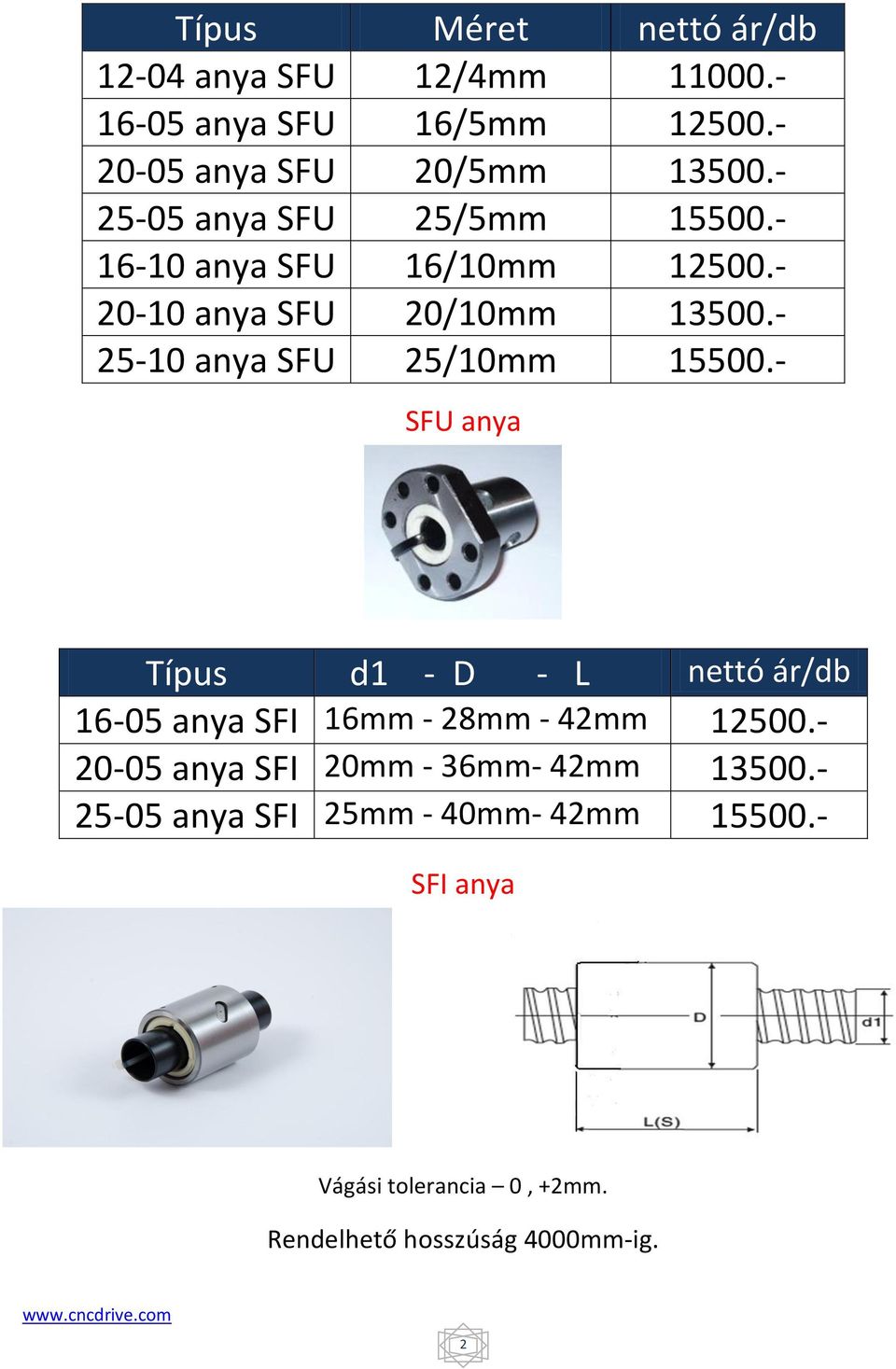 - 25-10 anya SFU 25/10mm 15500.- SFU anya Típus d1 - D - L nettó ár/db 16-05 anya SFI 16mm - 28mm - 42mm 12500.