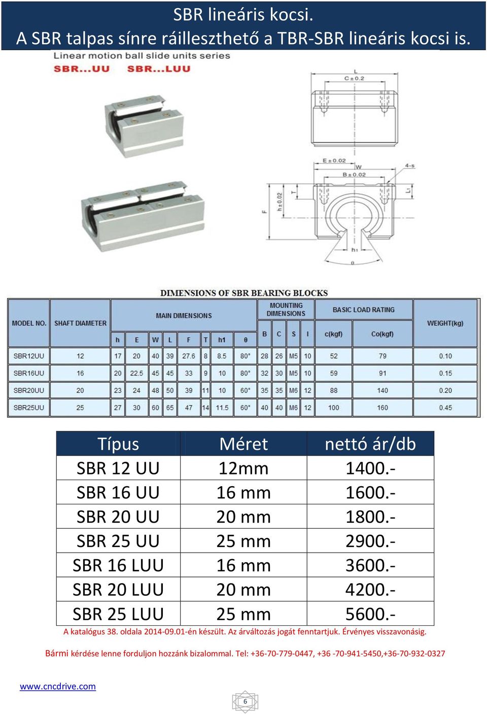 - SBR 16 LUU 16 mm 3600.- SBR 20 LUU 20 mm 4200.- SBR 25 LUU 25 mm 5600.- A katalógus 38. oldala 2014-09.01-én készült.