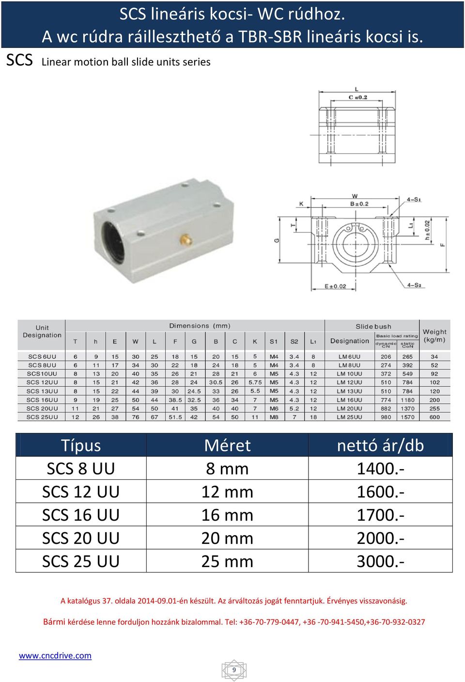 - SCS 16 UU 16 mm 1700.- SCS 20 UU 20 mm 2000.- SCS 25 UU 25 mm 3000.- A katalógus 37. oldala 2014-09.01-én készült.