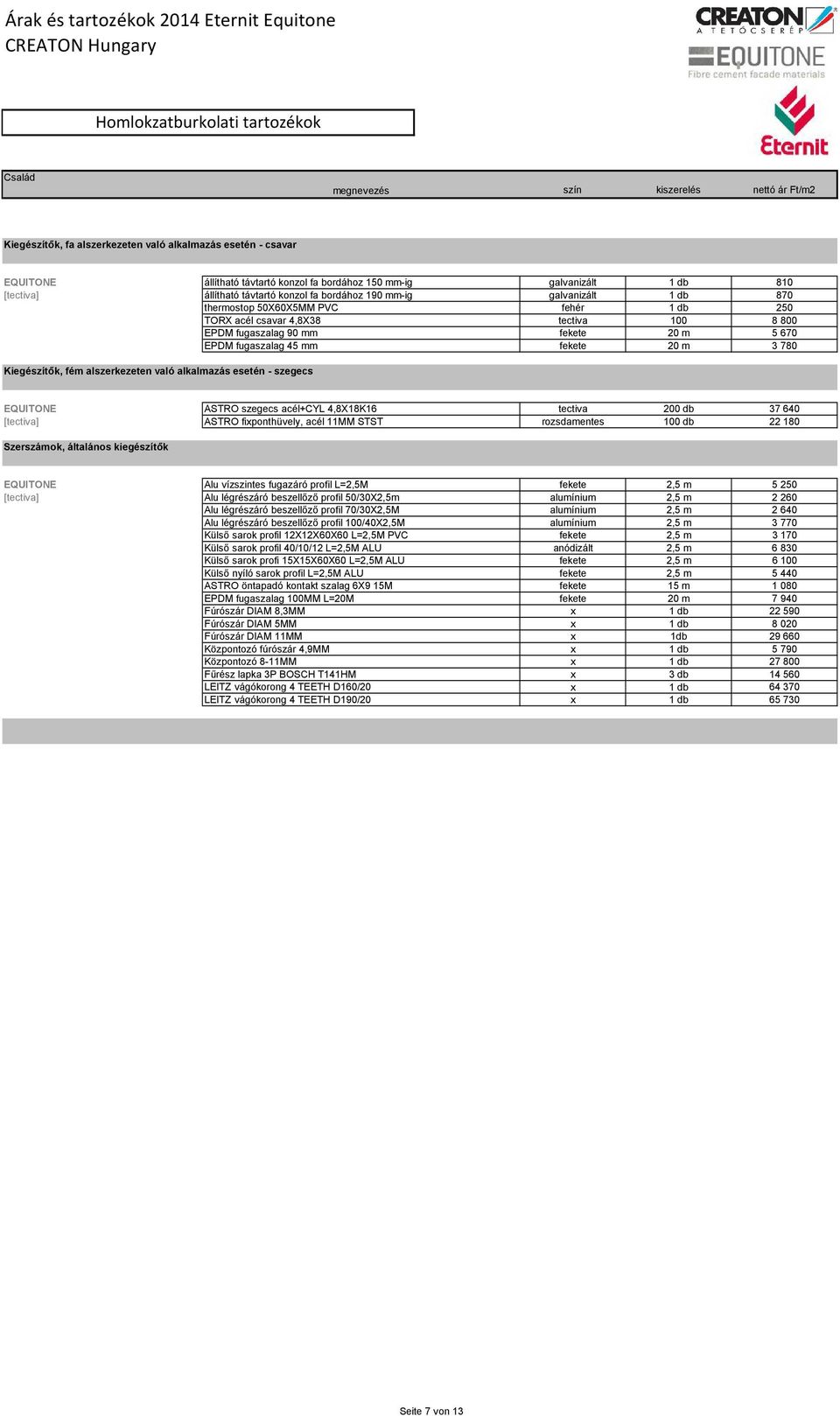 fekete 20 m 5 670 EPDM fugaszalag 45 mm fekete 20 m 3 70 Kiegészítők, fém alszerkezeten való alkalmazás esetén - szegecs EQUITONE ASTRO szegecs acél+cyl 4,X1K16 tectiva 200 db 37 640 [tectiva] ASTRO