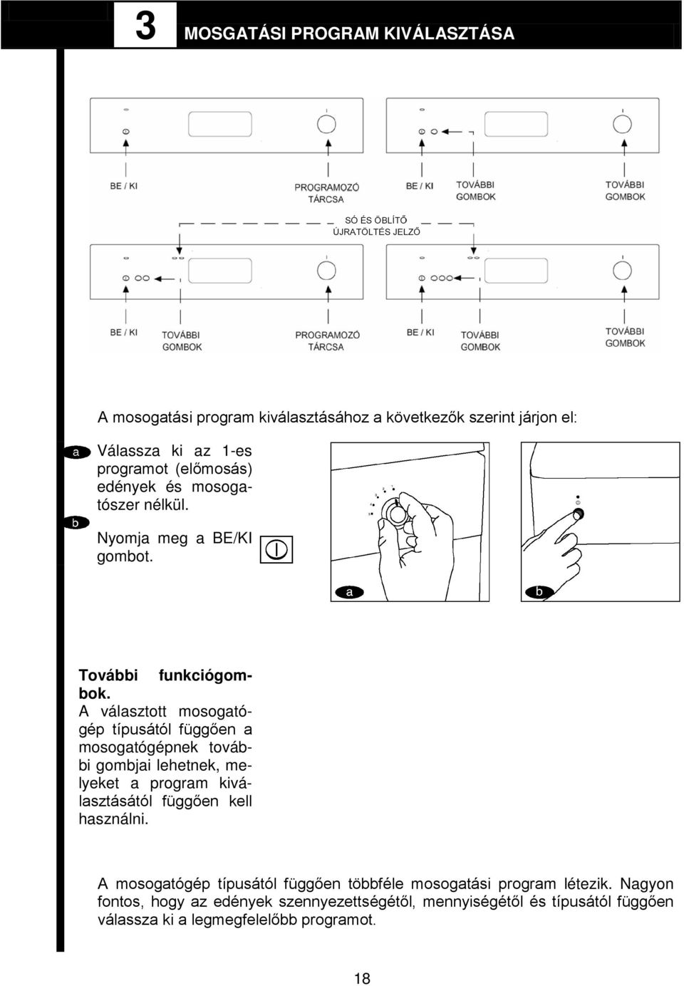 A választott mosogatógép típusától függően a mosogatógépnek további gombjai lehetnek, melyeket a program kiválasztásától függően kell