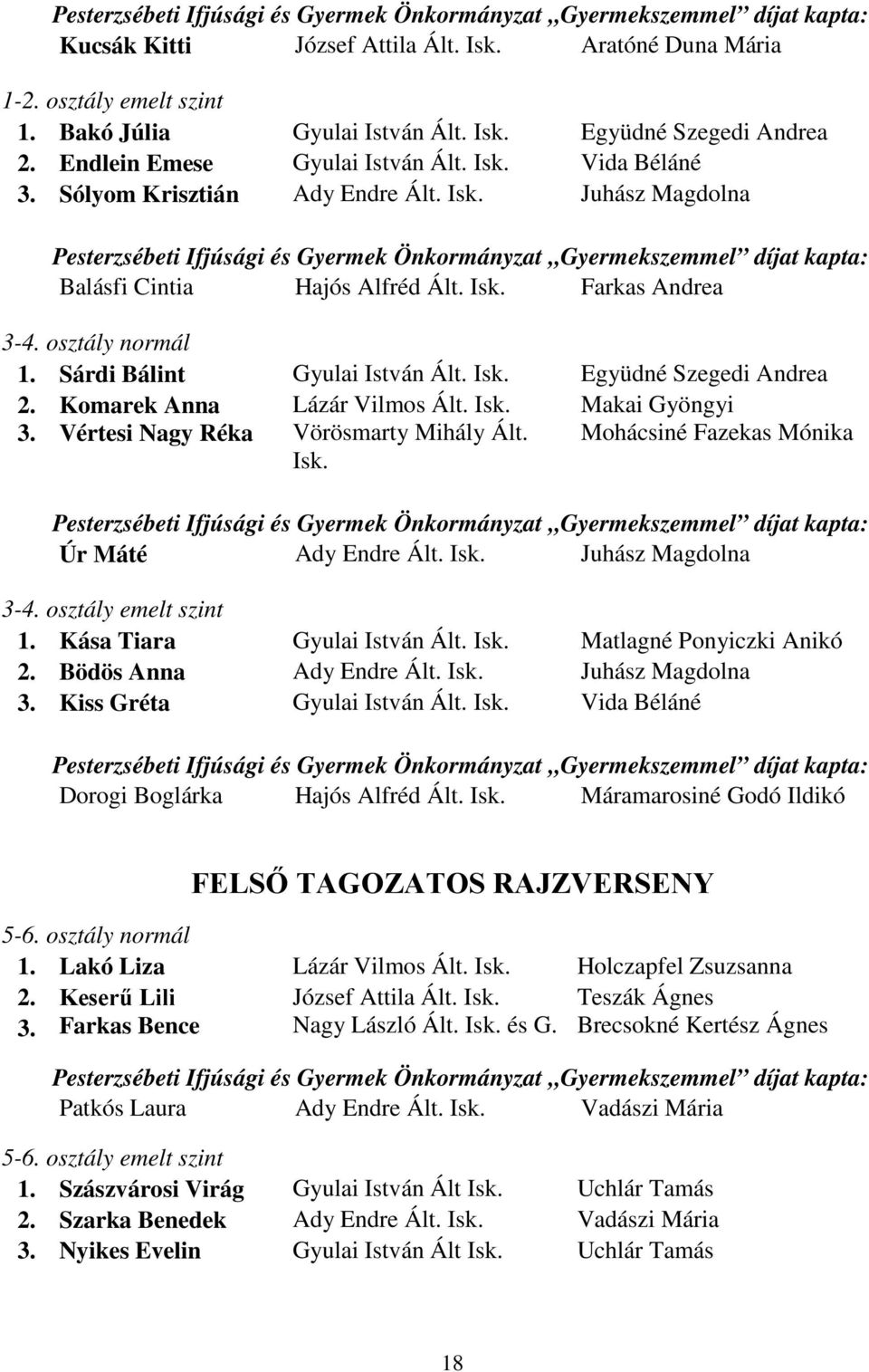 Isk. Farkas Andrea 3-4. osztály normál 1. Sárdi Bálint Gyulai István Ált. Isk. Együdné Szegedi Andrea 2. Komarek Anna Lázár Vilmos Ált. Isk. Makai Gyöngyi 3. Vértesi Nagy Réka Vörösmarty Mihály Ált.