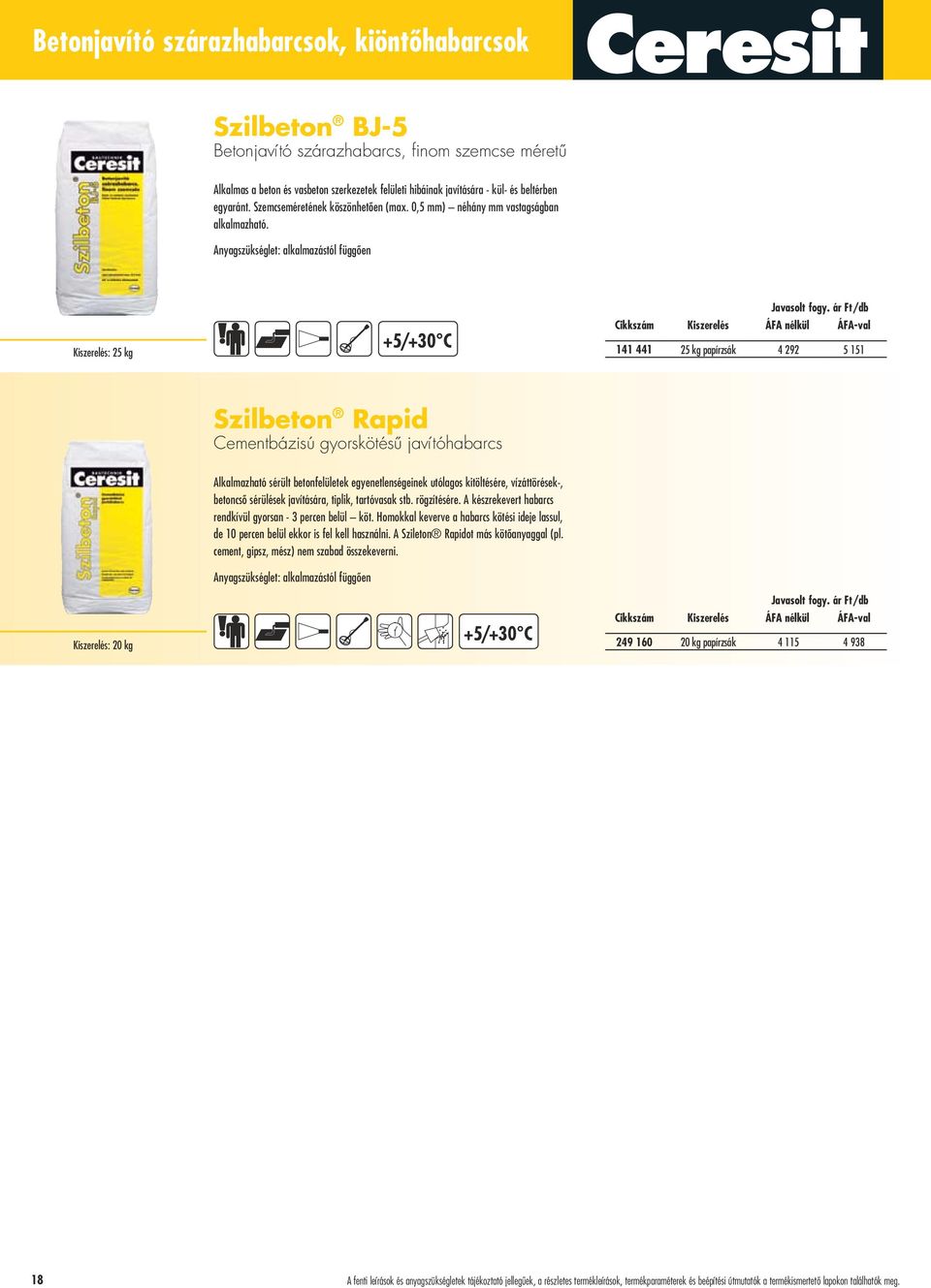 Anyagszükséglet: alkalmazástól függôen Kiszerelés: 25 kg 141 441 25 kg papírzsák 4 292 5 151 Szilbeton Rapid Cementbázisú gyorskötésû javítóhabarcs Kiszerelés: 20 kg Alkalmazható sérült