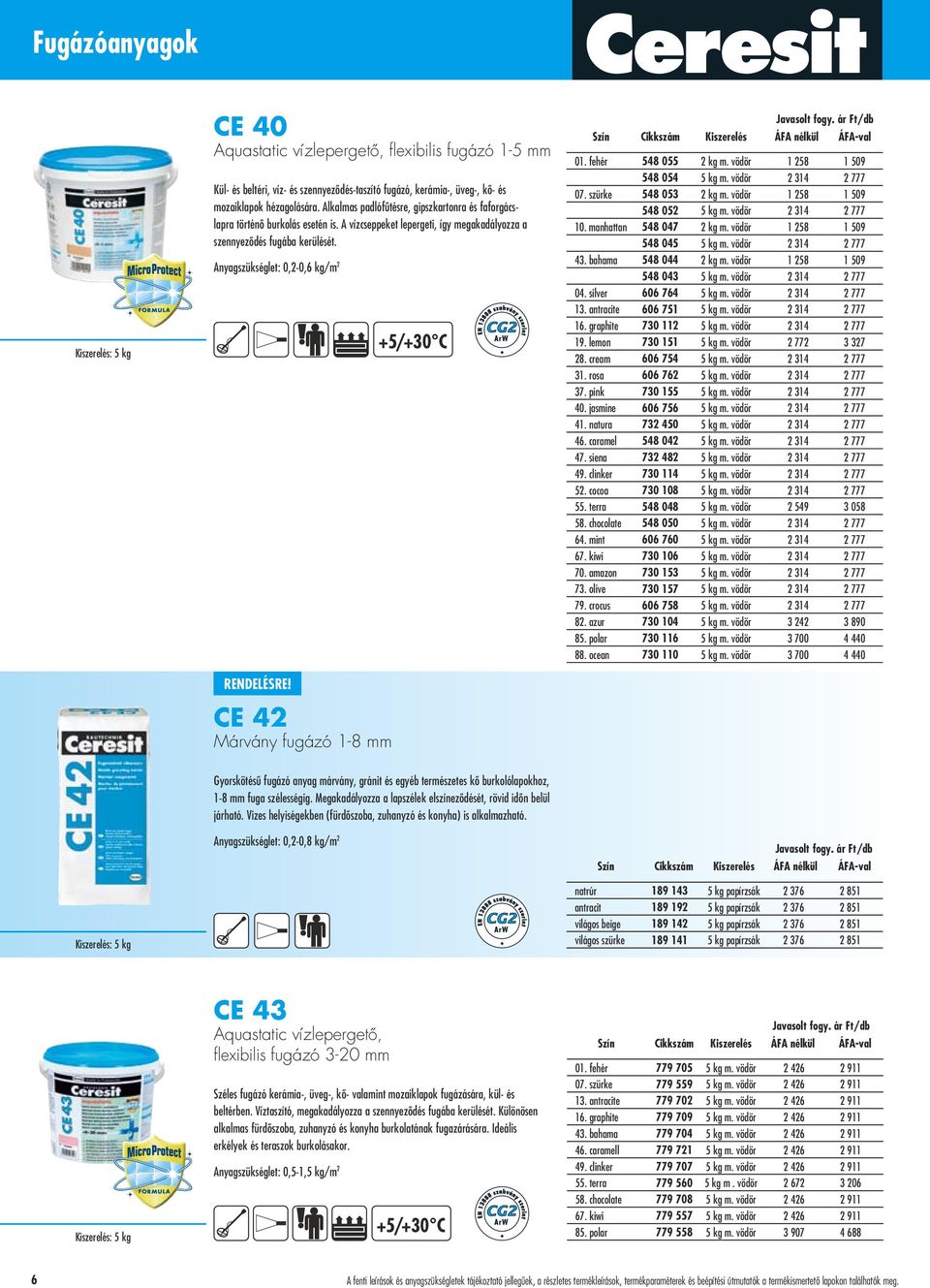 Anyagszükséglet: 0,2-0,6 kg/m 2 CE 42 Márvány fugázó 1-8 mm Szín 01. fehér 548 055 2 kg m. vödör 1 258 1 509 548 054 5 kg m. vödör 2 314 2 777 07. szürke 548 053 2 kg m.