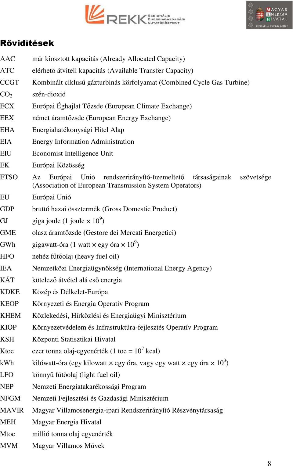 Administration Economist Intelligence Unit Európai Közösség ETSO Az Európai Unió rendszerirányító-üzemeltető társaságainak szövetsége (Association of European Transmission System Operators) EU GDP