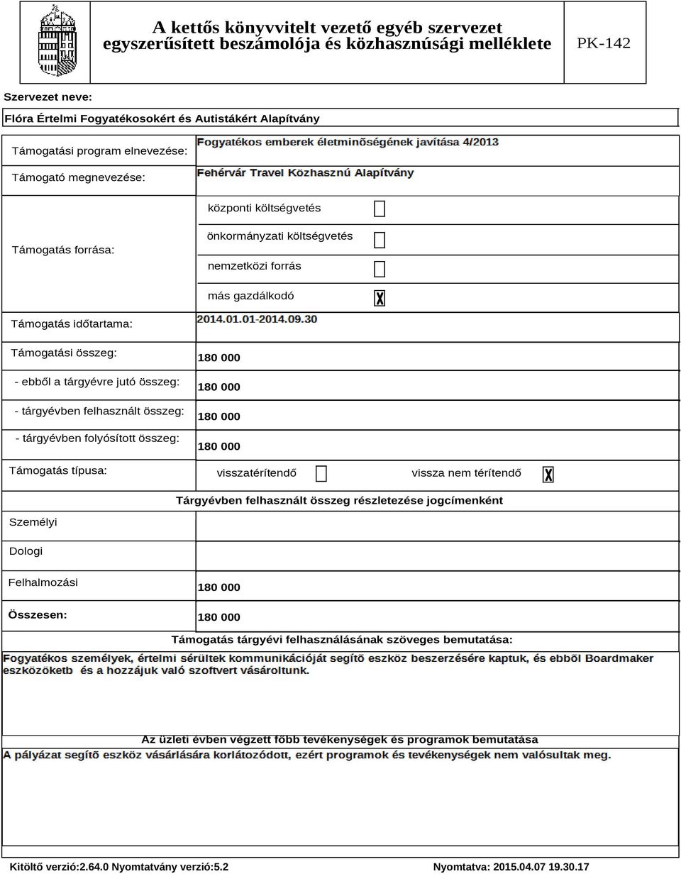 folyósított összeg: Támogatás típusa: visszatérítendő vissza nem térítendő Tárgyévben felhasznált összeg részletezése jogcímenként Személyi