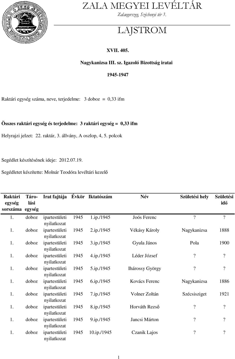 állvány, A oszlop, 4, 5. polcok Segédlet készítésének ideje: 2012.07.19. Segédletet készítette: Molnár Teodóra levéltári kezelő Raktári 1945 1.ip./1945 Joós Ferenc?? 1945 2.ip./1945 Vékásy Károly Nagykanizsa 1888 1945 3.