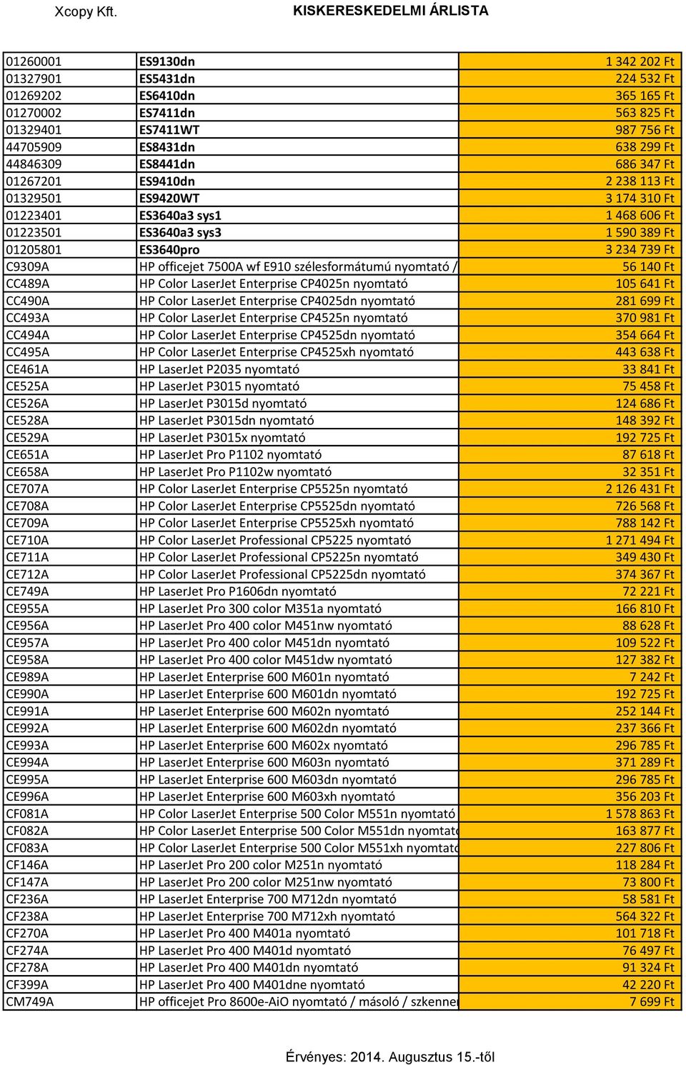 wf E910 szélesformátumú nyomtató / másoló / szkenner fax/ eprint56 140 Ft CC489A HP Color LaserJet Enterprise CP4025n nyomtató 105 641 Ft CC490A HP Color LaserJet Enterprise CP4025dn nyomtató 281 699