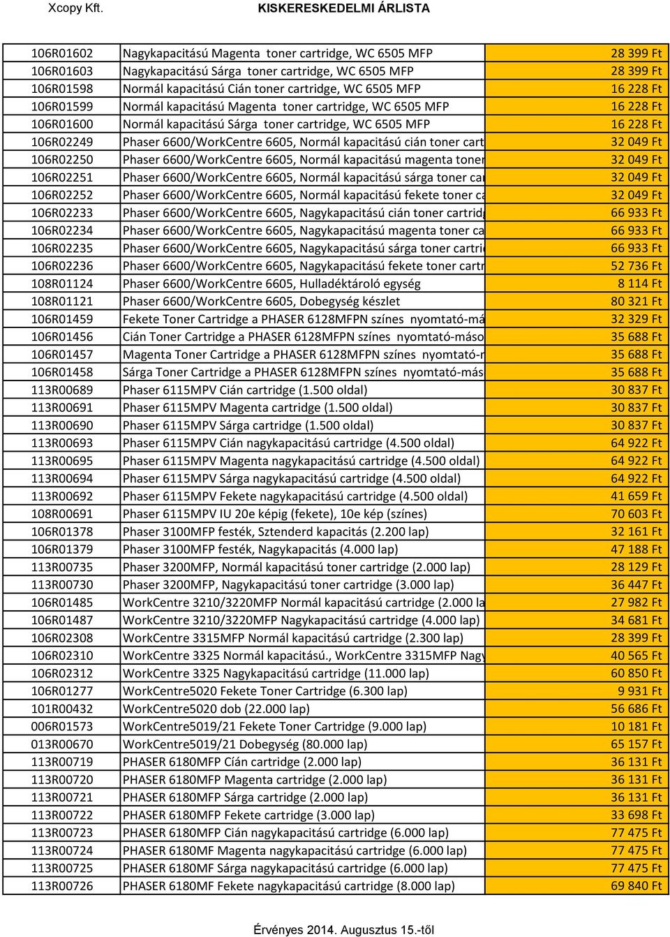 6605, Normál kapacitású cián toner cartridge 32 049 Ft 106R02250 Phaser 6600/WorkCentre 6605, Normál kapacitású magenta toner cartridge 32 049 Ft 106R02251 Phaser 6600/WorkCentre 6605, Normál