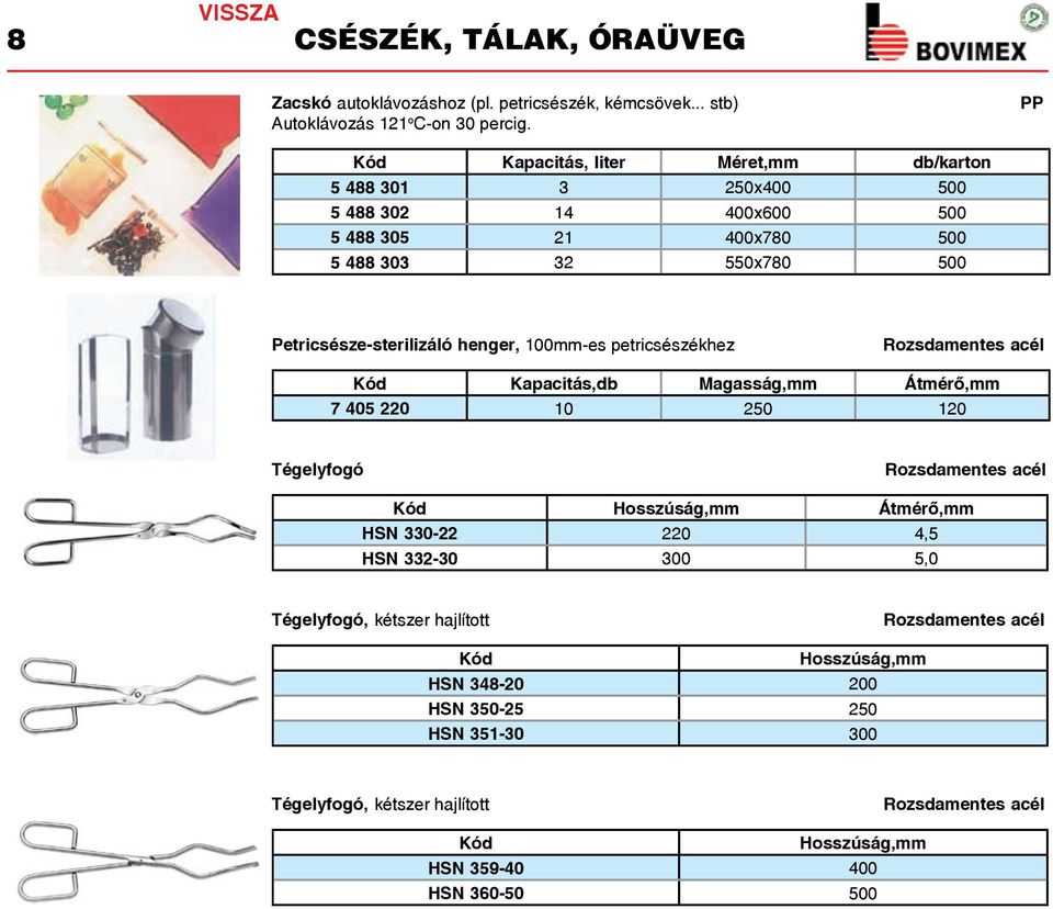 henger, 100-es petricsészékhez Rozsdamentes acél Kapacitás,db Magasság, Átmérő, 7 405 220 10 250 120 Tégelyfogó Rozsdamentes acél Hosszúság, Átmérő, HSN 330-22 220