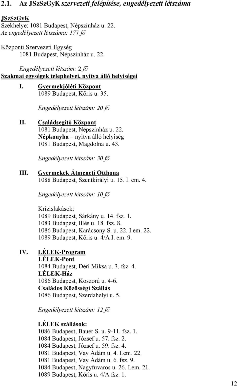 Gyermekjóléti Központ 1089 Budapest, Kőris u. 35. Engedélyezett létszám: 20 fő II. Családsegítő Központ 1081 Budapest, Népszínház u. 22. Népkonyha nyitva álló helyiség 1081 Budapest, Magdolna u. 43.