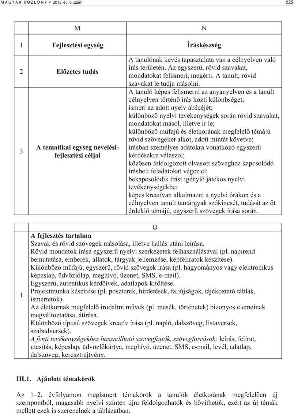 A tanuló képes felismerni az anyanyelven és a tanult célnyelven történ írás közti különbséget; ismeri az adott nyelv ábécéjét; különböz nyelvi tevékenységek során rövid szavakat, mondatokat másol,