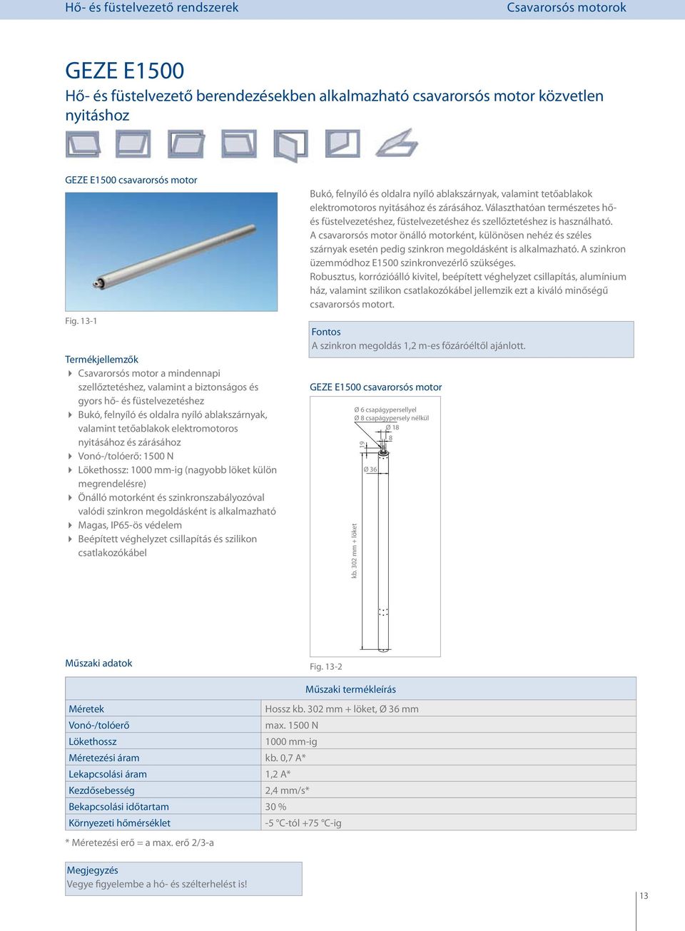 elektromotoros nyitásához és zárásához Vonó-/tolóerő: 1500 N Lökethossz: 1000 mm-ig (nagyobb löket külön megrendelésre) Önálló motorként és szinkronszabályozóval valódi szinkron megoldásként is