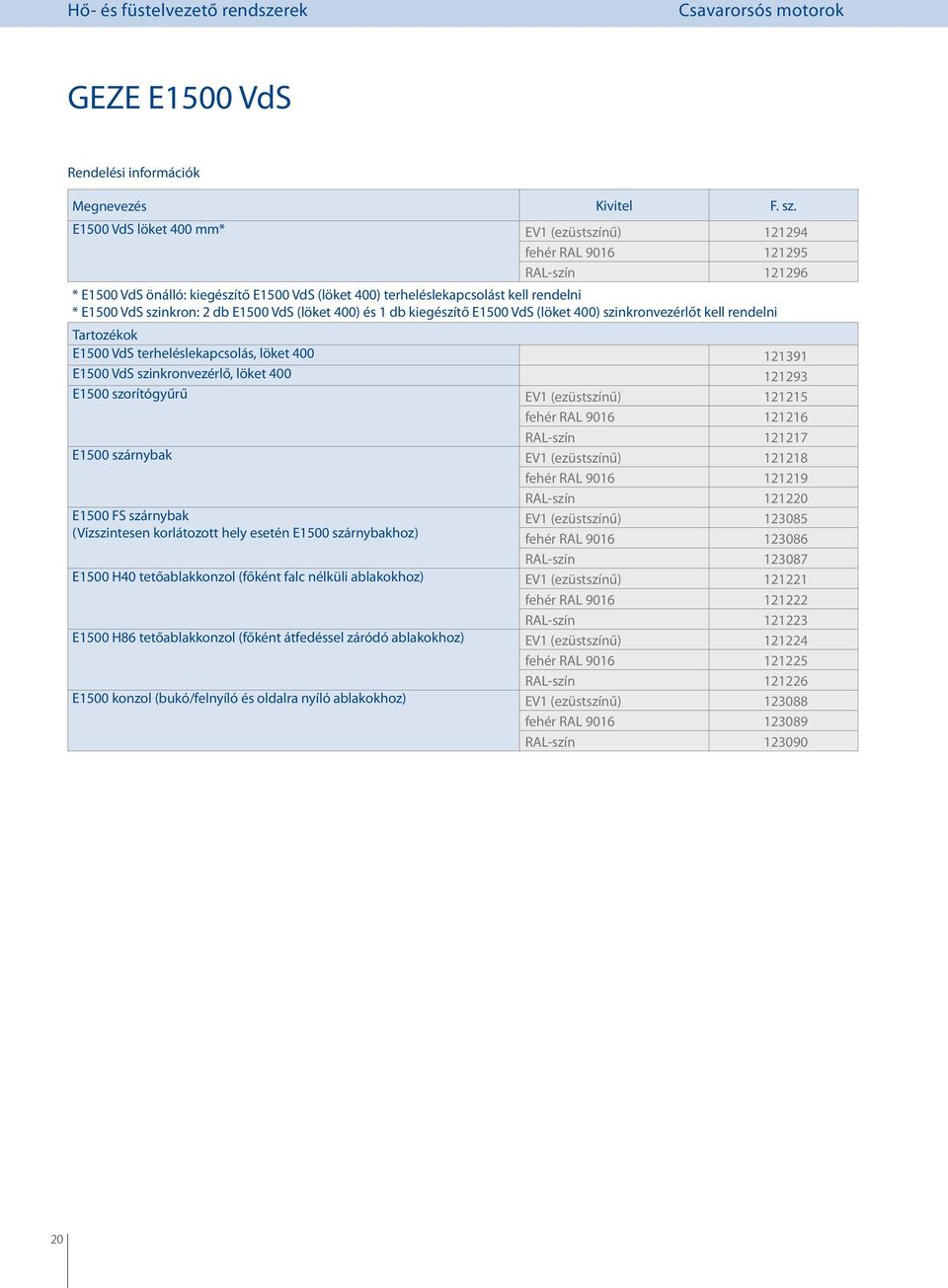 db E1500 VdS (löket 400) és 1 db kiegészítő E1500 VdS (löket 400) szinkronvezérlőt kell rendelni Tartozékok E1500 VdS terheléslekapcsolás, löket 400 121391 E1500 VdS szinkronvezérlő, löket 400 121293