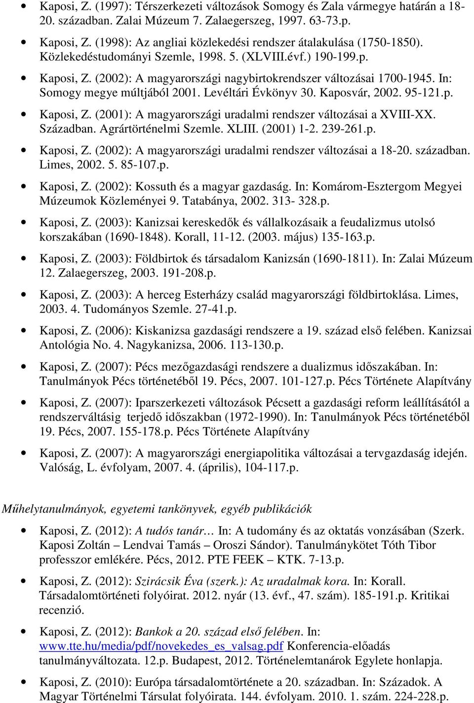 (2002): A magyarországi nagybirtokrendszer változásai 1700-1945. In: Somogy megye múltjából 2001. Levéltári Évkönyv 30. Kaposvár, 2002. 95-121.p. Kaposi, Z.