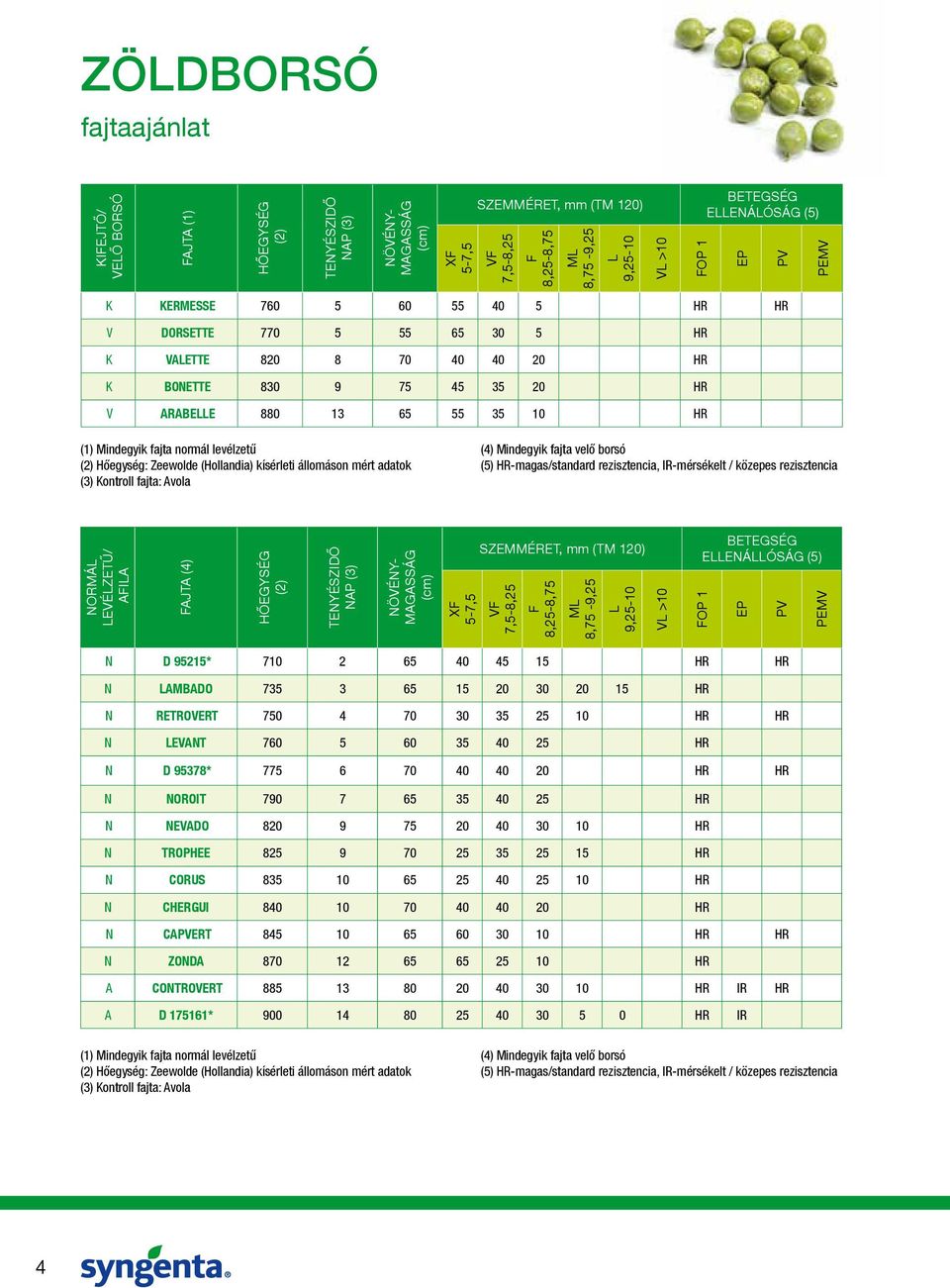 Mindegyik fajta normál levélzetű (2) Hőegység: Zeewolde (Hollandia) kísérleti állomáson mért adatok (3) Kontroll fajta: Avola (4) Mindegyik fajta velő borsó (5) HR-magas/standard rezisztencia,