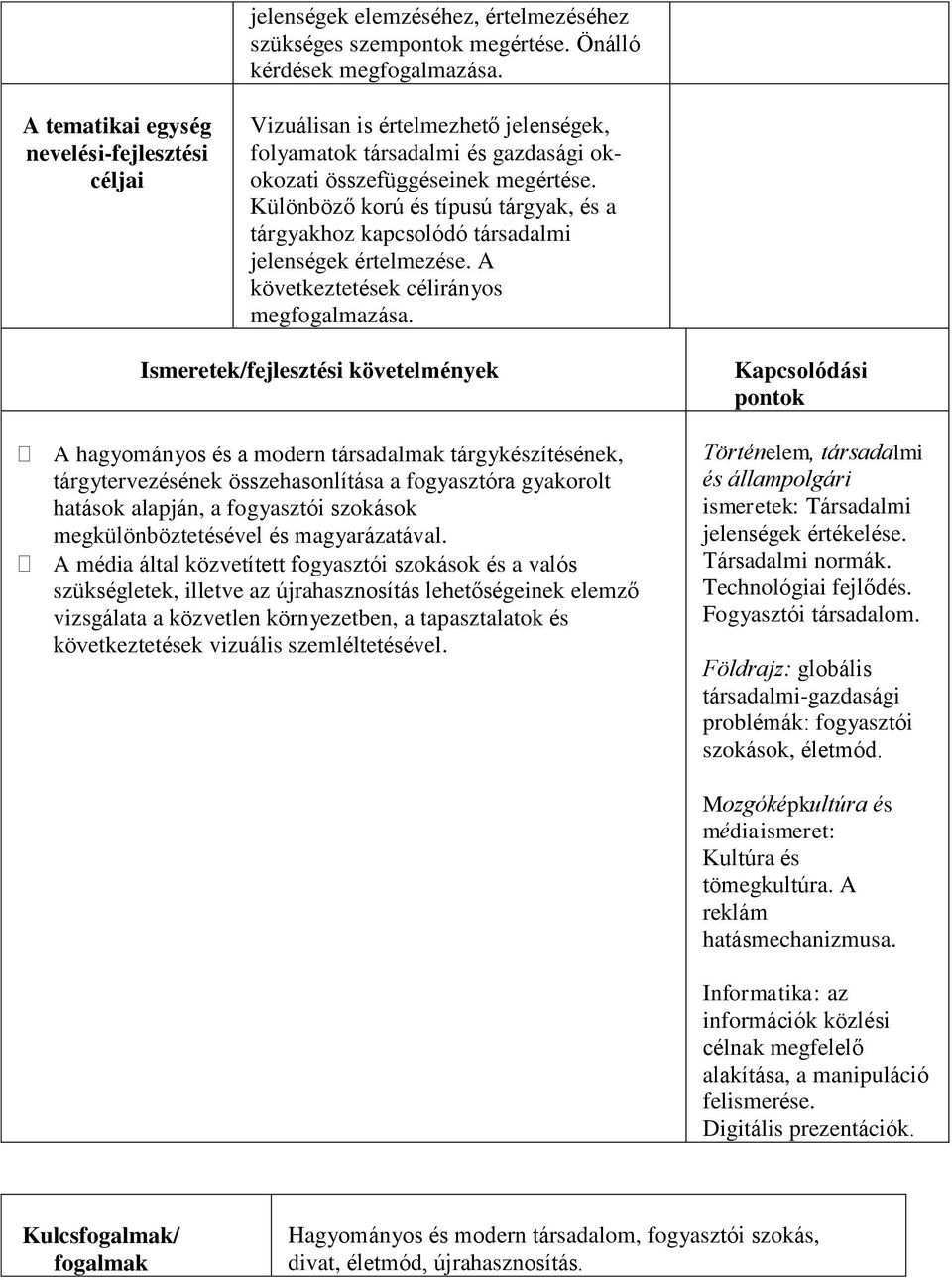 Különböző korú és típusú tárgyak, és a tárgyakhoz kapcsolódó társadalmi jelenségek értelmezése. A következtetések célirányos megfogalmazása.