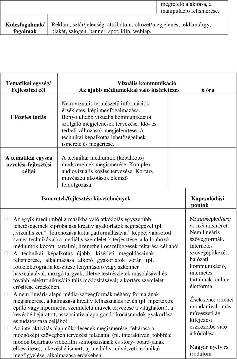 képi megfogalmazása. Bonyolultabb vizuális kommunikációt szolgáló megjelenések tervezése. Idő- és térbeli változások megjelenítése. A technikai képalkotás lehetőségeinek ismerete és megértése.