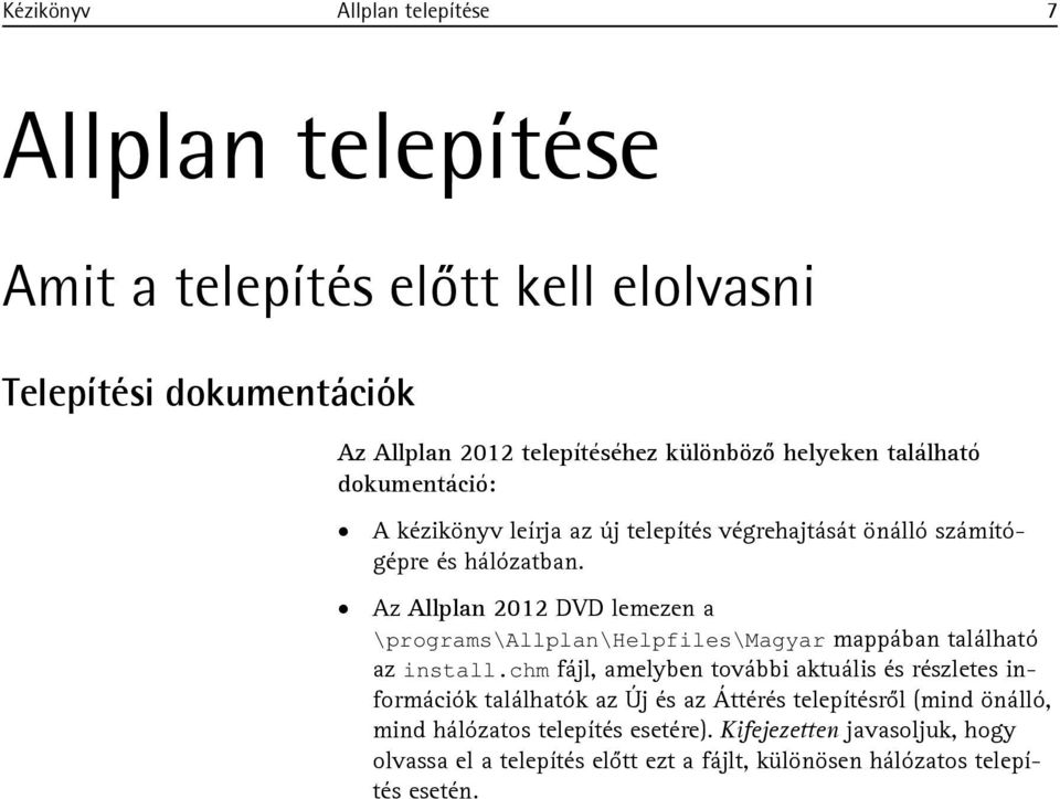 Az Allplan 2012 DVD lemezen a \programs\allplan\helpfiles\magyar mappában található az install.