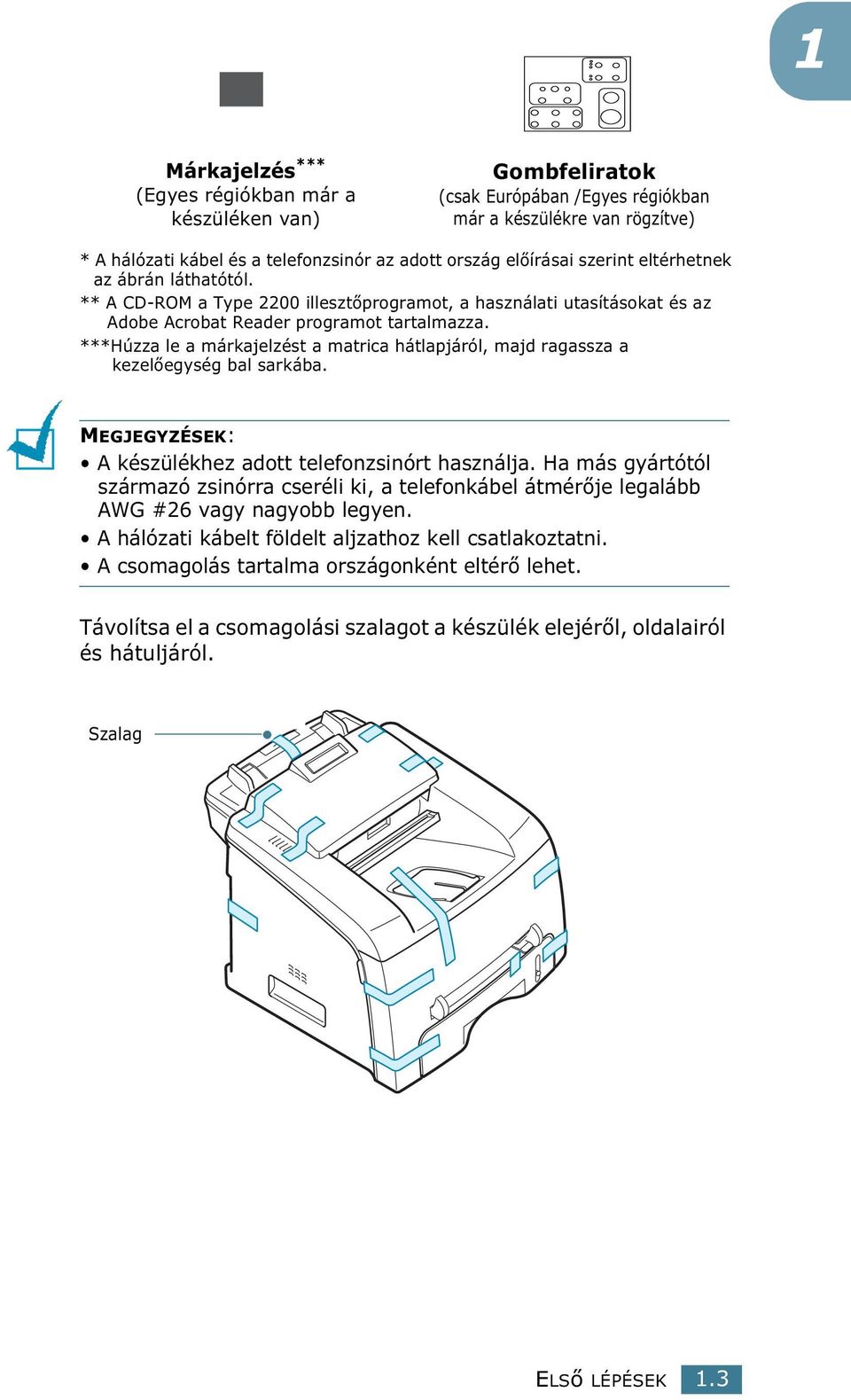 ***Húzza le a márkajelzést a matrica hátlapjáról, majd ragassza a kezelőegység bal sarkába. MEGJEGYZÉSEK: A készülékhez adott telefonzsinórt használja.