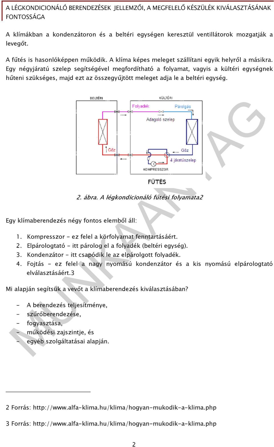 Egy klímaberendezés négy fontos elemből áll: 2. ábra. A légkondicionáló fűtési folyamata2 1. Kompresszor - ez felel a körfolyamat fenntartásáért. 2. Elpárologtató - itt párolog el a folyadék (beltéri egység).